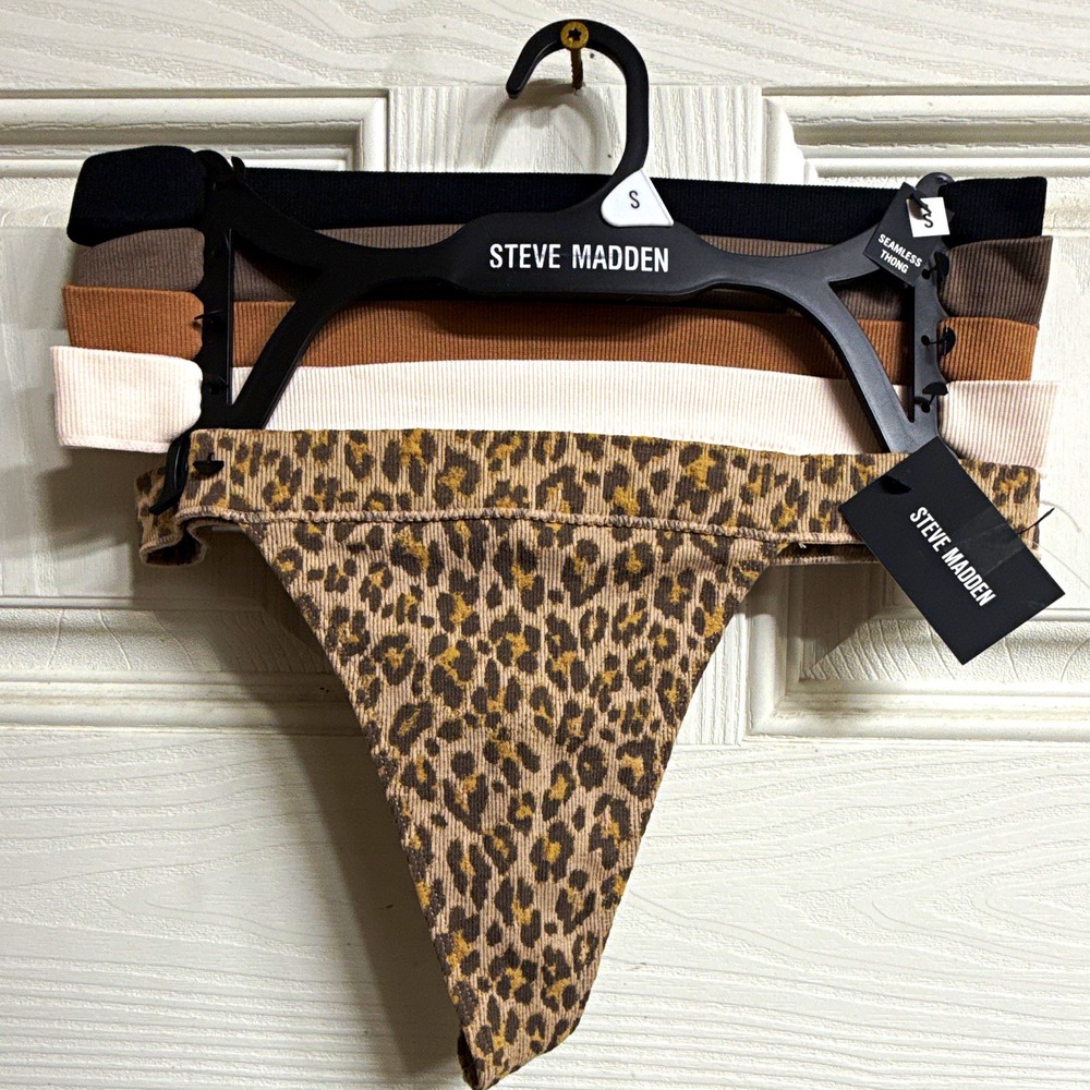 Steve Madden Seamless Thong Panties 5pk S Multicolor Animal Print Nylon/spandex